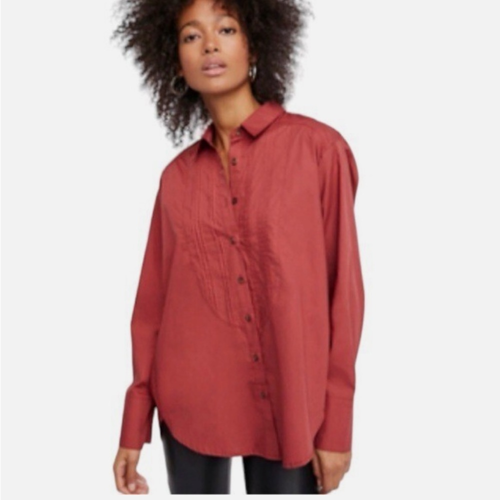 Free People Charlie Oversized Pin tuck Cotton Button Front Shirt